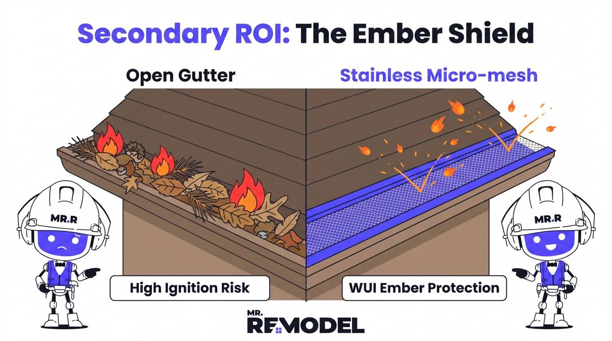 A safety infographic showing how metal micro-mesh gutter guards prevent home fires by blocking wind-blown embers from igniting debris in the gutters.